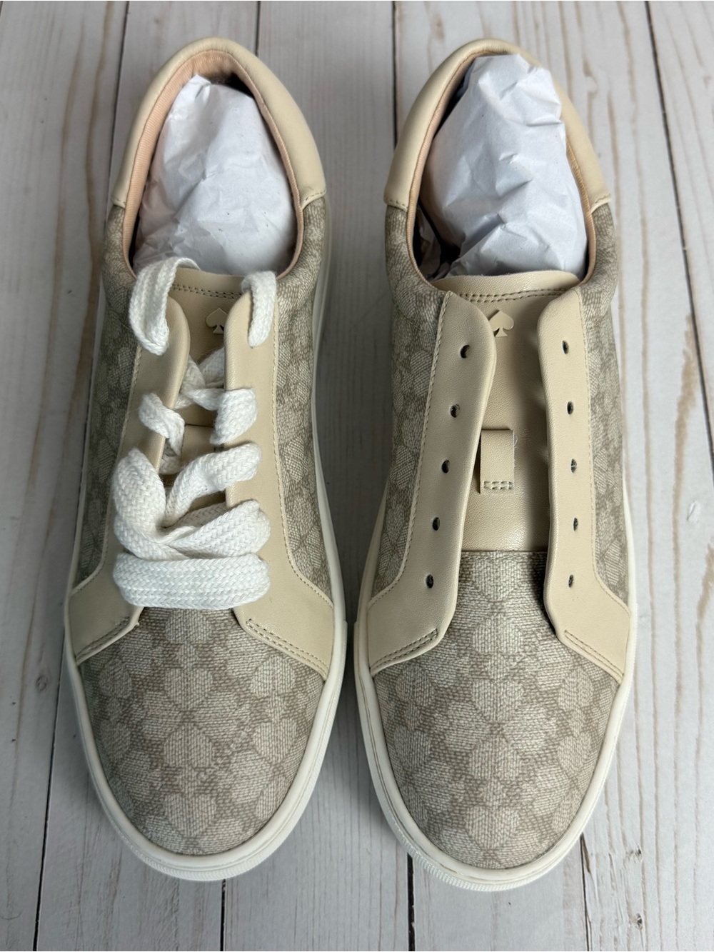 Kate Spade Taupe Erin Spade Flower Logo Sneakers Lace Up Vegan Leather - Picture 8 of 13